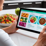 **A person receiving a personalized nutrition plan based on their DNA analysis results. The scene is a modern, bright kitchen with a nutritionist explaining the results and showing a tailored meal plan on a tablet. Focus on the healthy, colorful food and the futuristic technology aspect.**
