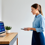 A professional individual, gender-neutral, in modern, modest smart-casual attire, confidently standing in a bright, clean, minimalist home office setting. The person holds a sleek, ergonomic smart device, displaying health metrics. Soft, natural light fills the room, highlighting subtle high-tech elements like a smart watch charging dock. The atmosphere conveys focus, vitality, and sophisticated well-being. Perfect anatomy, correct proportions, natural pose, well-formed hands, proper finger count, natural body proportions, professional photography, high resolution, detailed, crisp focus, vibrant colors, soft lighting, safe for work, appropriate content, fully clothed, professional dress, family-friendly.