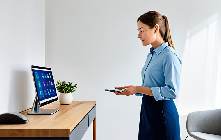 A professional individual, gender-neutral, in modern, modest smart-casual attire, confidently standing in a bright, clean, minimalist home office setting. The person holds a sleek, ergonomic smart device, displaying health metrics. Soft, natural light fills the room, highlighting subtle high-tech elements like a smart watch charging dock. The atmosphere conveys focus, vitality, and sophisticated well-being. Perfect anatomy, correct proportions, natural pose, well-formed hands, proper finger count, natural body proportions, professional photography, high resolution, detailed, crisp focus, vibrant colors, soft lighting, safe for work, appropriate content, fully clothed, professional dress, family-friendly.
