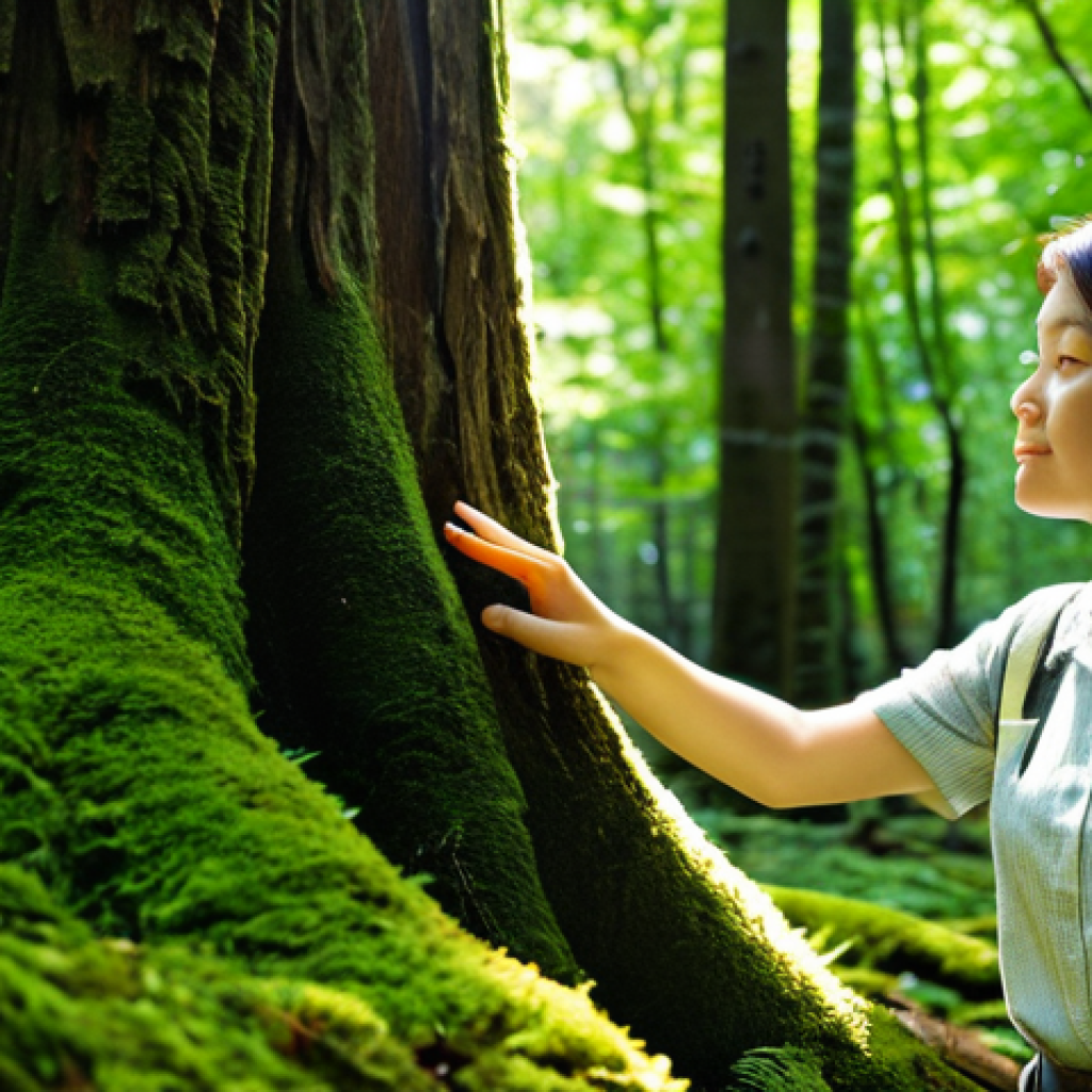 바이오해킹과 환경의 관계 - **Subject:** A serene forest scene depicting "Shinrin-Yoku" (forest bathing). A fully clothed woman ...