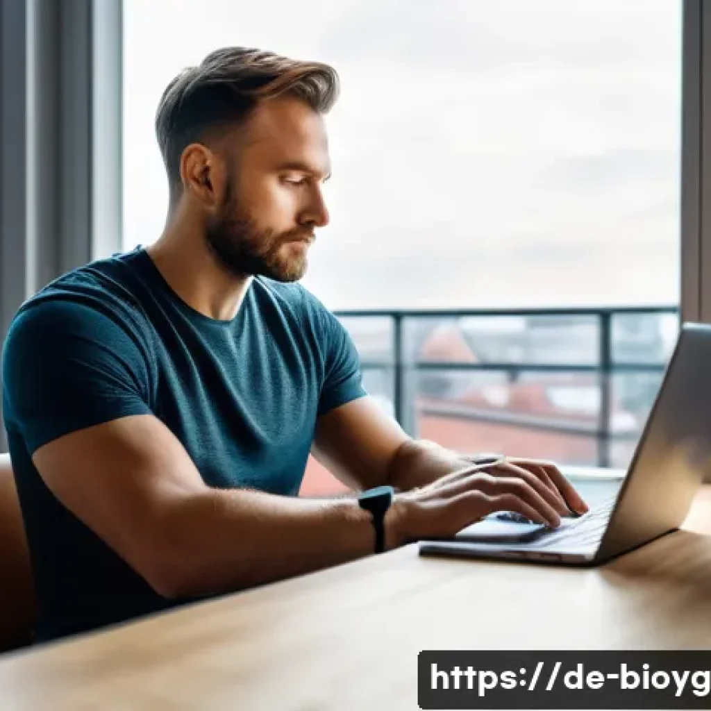 바이오해킹에 대한 대중의 인식 변화 - A modern German man in his 30s wearing a sleek smartwatch and fitness tracker on his wrist, sitting ...