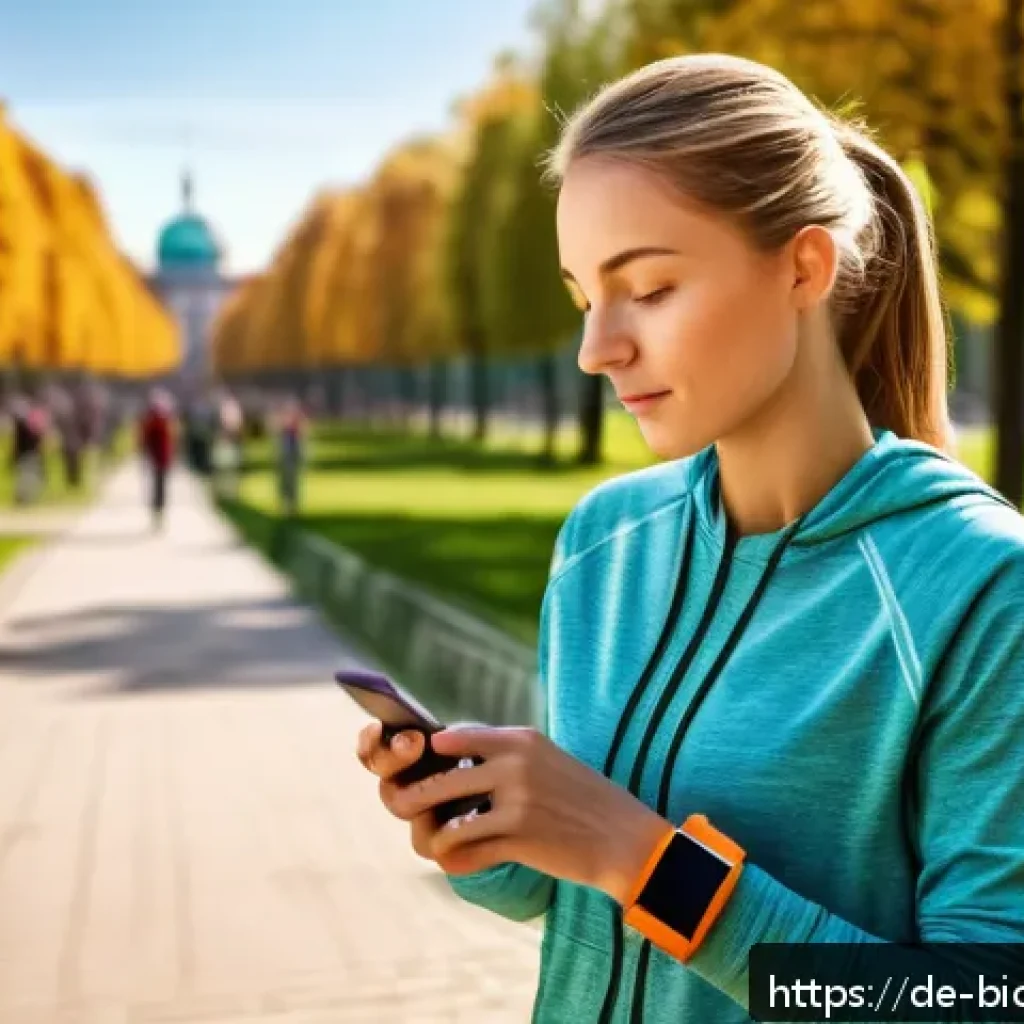 바이오해킹을 위한 디지털 추적 방법 - A modern German woman in casual sporty attire wearing a sleek fitness tracker on her wrist, standing...
