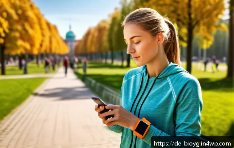 바이오해킹을 위한 디지털 추적 방법 - A modern German woman in casual sporty attire wearing a sleek fitness tracker on her wrist, standing...