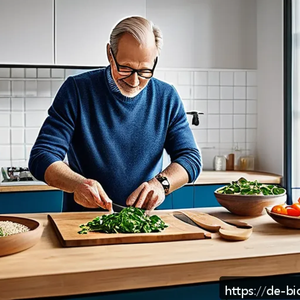 바이오해킹에서의 뇌 기능 향상 방법 - A modern German kitchen scene featuring a middle-aged man preparing a colorful, nutrient-rich meal f...