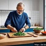 Home 22 바이오해킹에서의 뇌 기능 향상 방법 - A modern German kitchen scene featuring a middle-aged man preparing a colorful, nutrient-rich meal f...