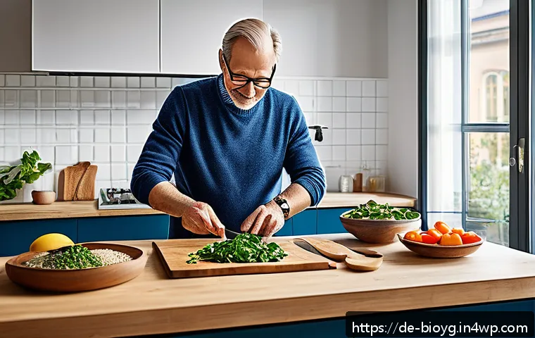 바이오해킹에서의 뇌 기능 향상 방법 - A modern German kitchen scene featuring a middle-aged man preparing a colorful, nutrient-rich meal f...