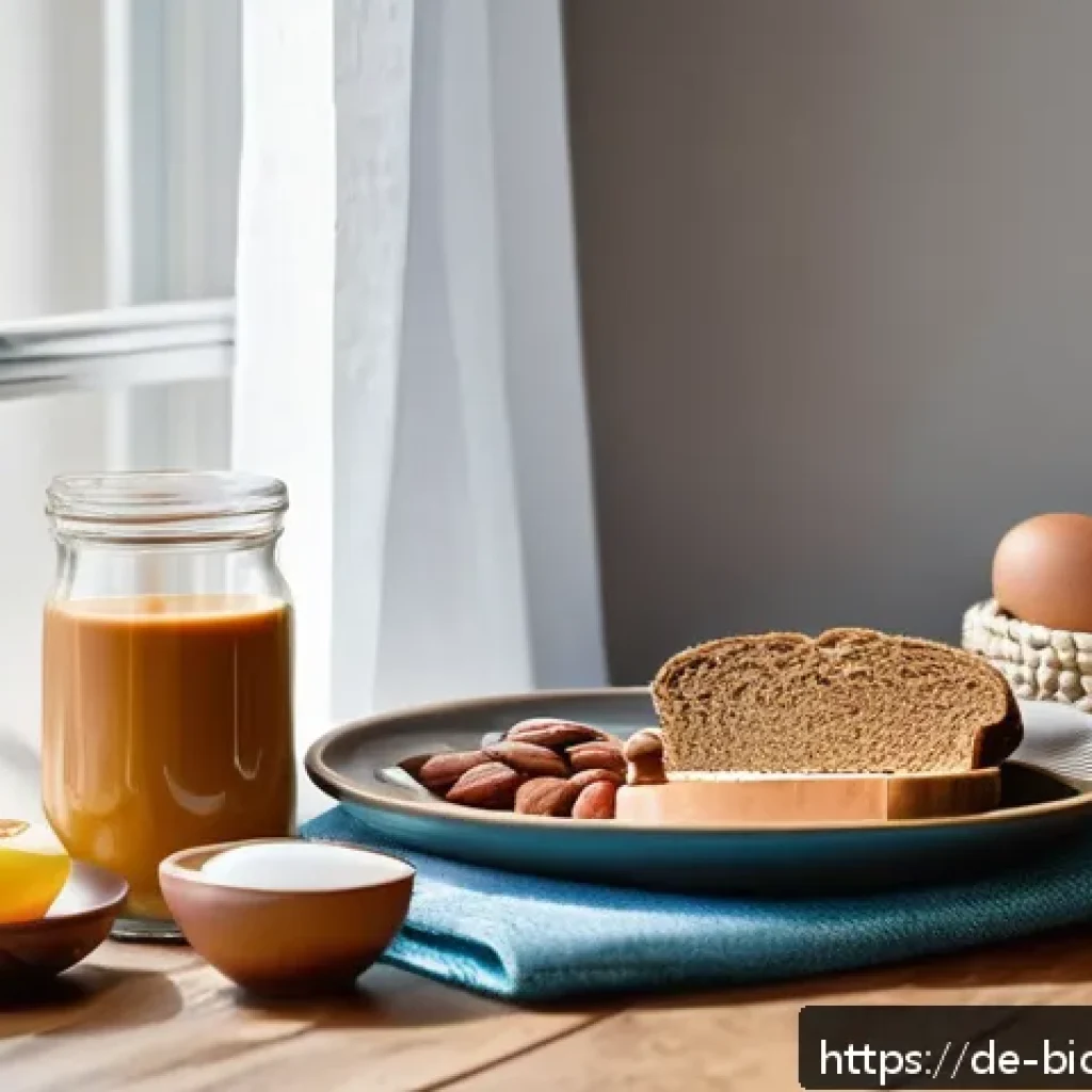 바이오해킹을 위한 혈당 조절 방법 - A bright, inviting German kitchen scene featuring a healthy breakfast table set with whole grain bre...