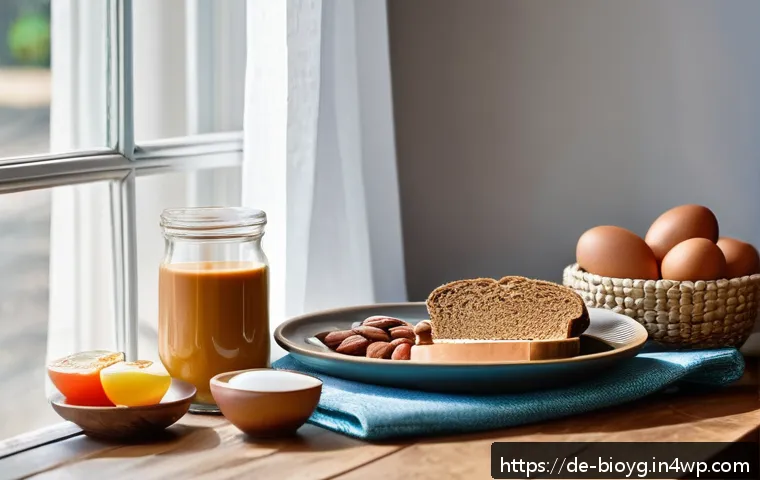 바이오해킹을 위한 혈당 조절 방법 - A bright, inviting German kitchen scene featuring a healthy breakfast table set with whole grain bre...