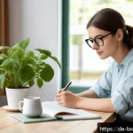 Home 20 바이오해킹을 위한 개인 건강 목표 설정 - A cozy modern home office scene in Germany during late morning, featuring a young adult woman sittin...