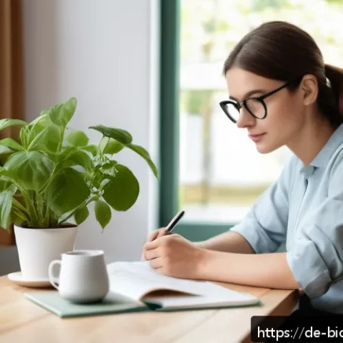 Home 32 바이오해킹을 위한 개인 건강 목표 설정 - A cozy modern home office scene in Germany during late morning, featuring a young adult woman sittin...