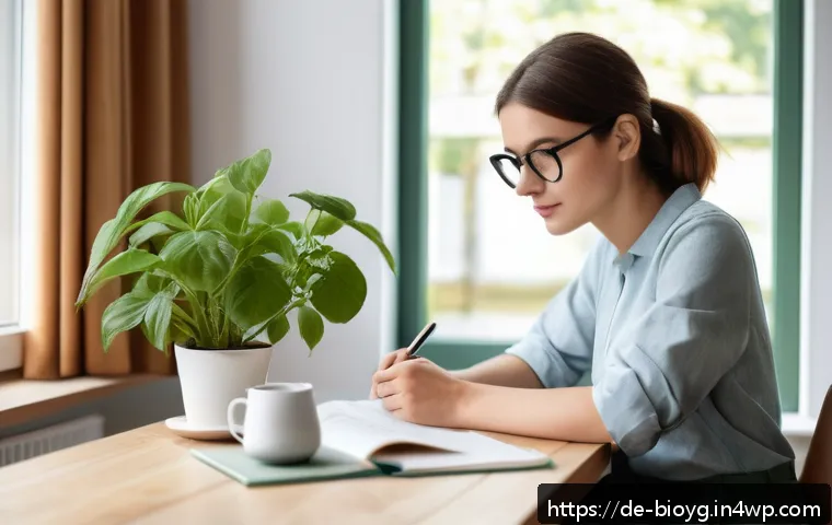 바이오해킹을 위한 개인 건강 목표 설정 - A cozy modern home office scene in Germany during late morning, featuring a young adult woman sittin...