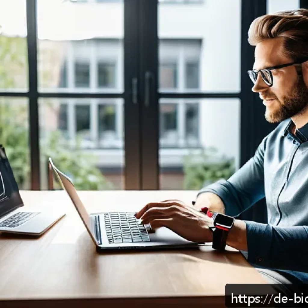 바이오해킹을 위한 신체 변화 기록 - A modern home office setup showing a German adult male in casual smart attire using a sleek laptop a...