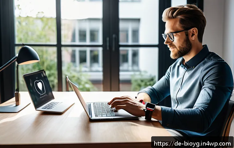 바이오해킹을 위한 신체 변화 기록 - A modern home office setup showing a German adult male in casual smart attire using a sleek laptop a...