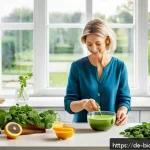 Home 18 바이오해킹으로 기억력 향상하기 - A serene, modern German kitchen scene featuring a middle-aged woman preparing a colorful smoothie bo...