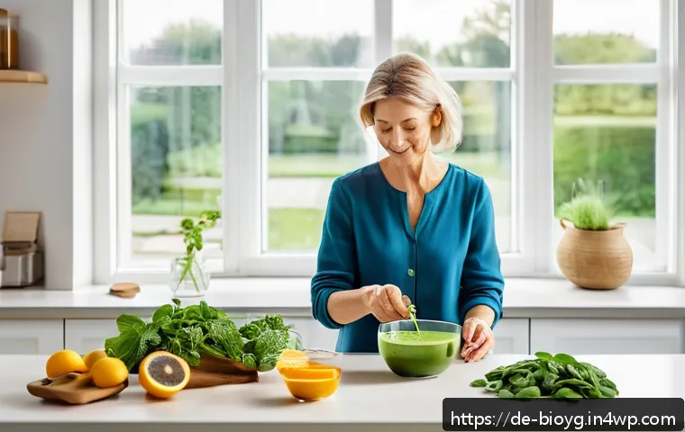 바이오해킹으로 기억력 향상하기 - A serene, modern German kitchen scene featuring a middle-aged woman preparing a colorful smoothie bo...